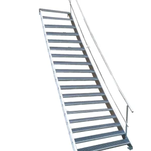 18 Stufen Stahltreppe mit einseitigem Geländer Breite 100 cm Geschosshöhe 299 - 360 cm inkl. Zubehör